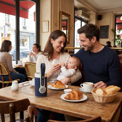 Parents au restaurant avec bébé qui boit son lait et chauffe biberon bleu foncé