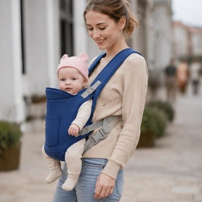 Porte bébé avec maman et bebe en ville