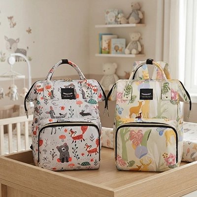 Sac à dos à langer disponible en deux coloris thème animaux