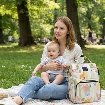 Sac à dos à langer maman sur couverte au parc avec bebe