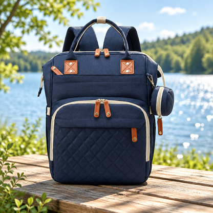 sac à dos à langer marine déposé sur une table au bord du lac