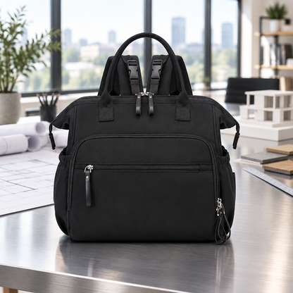 sac à dos à langer noir déposé sur une table d'acier