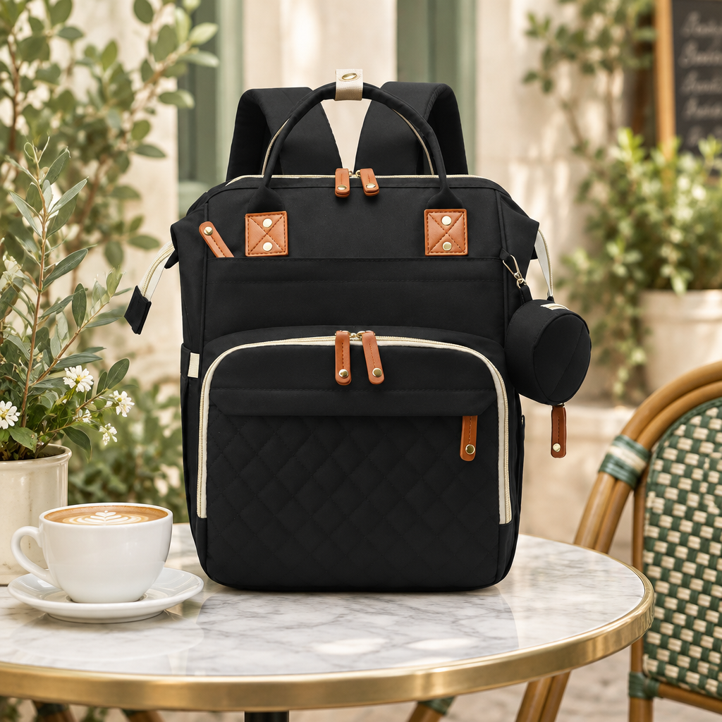 sac à dos à langer noir sur une table de café bistro