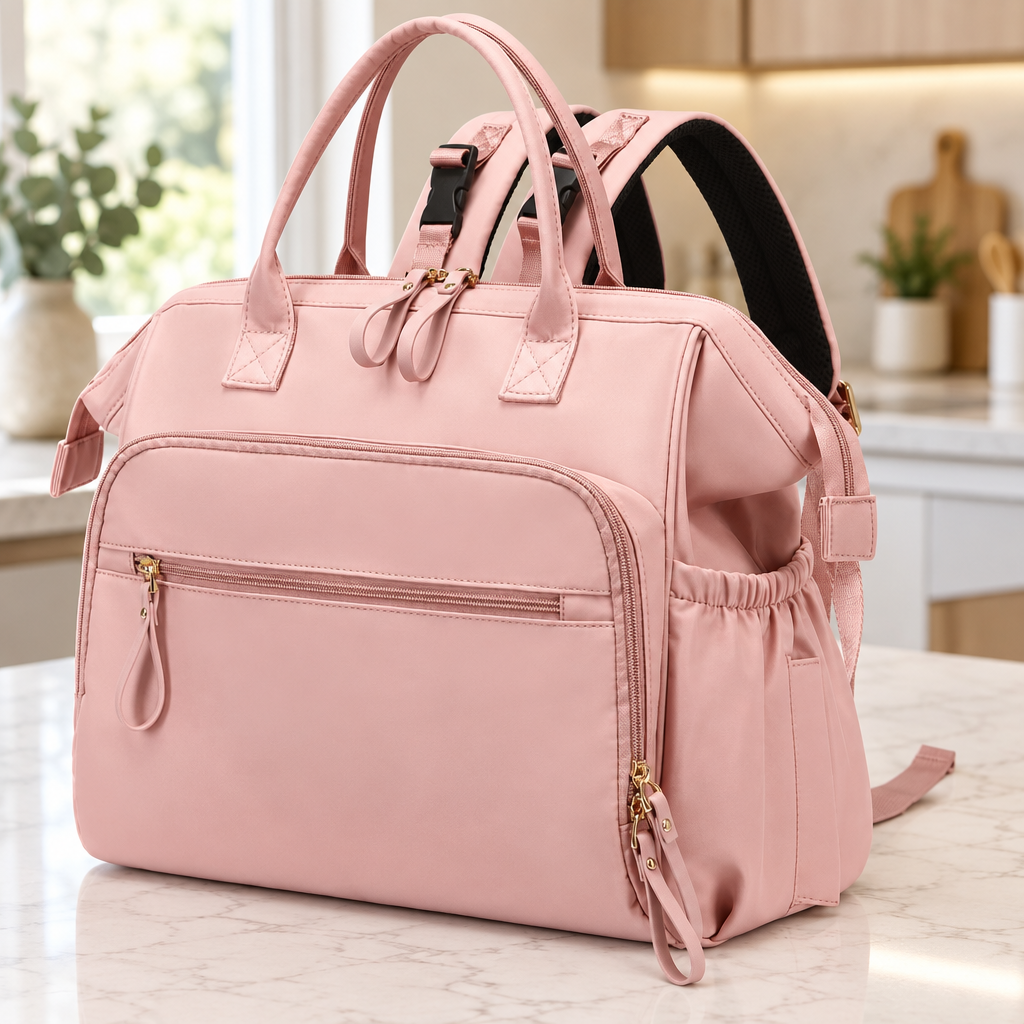 sac à dos à langer rose déposé sur le comptoir de cuisine