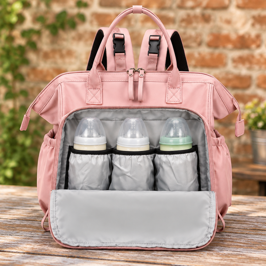 Sac à langer rose ouvert sur une table devant un mur de briques