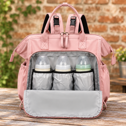 Sac à langer rose ouvert sur une table devant un mur de briques