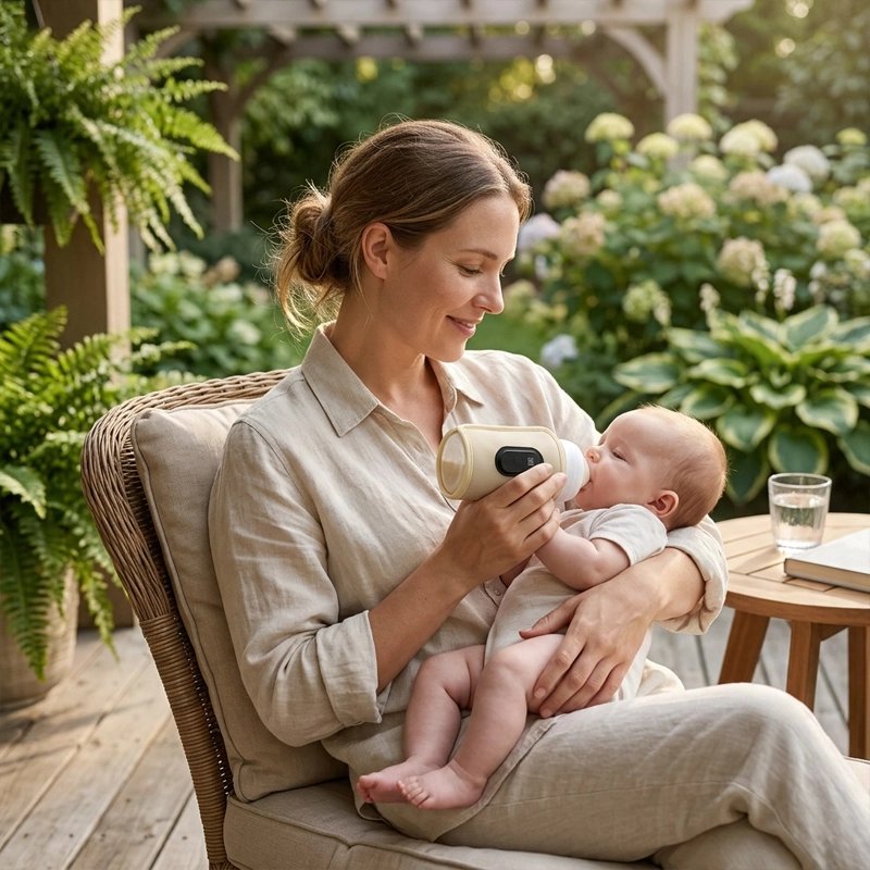 Sur une terrasse , Maman et bébé avec leChauffe biberon nomade beige