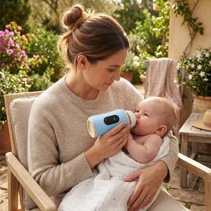 Sur une terrasse maman et bébé qui boit son lait avec le Chauffe biberon nomade bleu