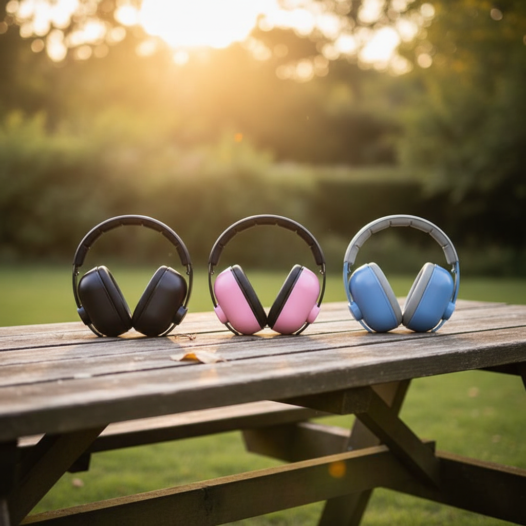trois couleurs de casque anti bruit bebe déposé sur une table à pique-nique