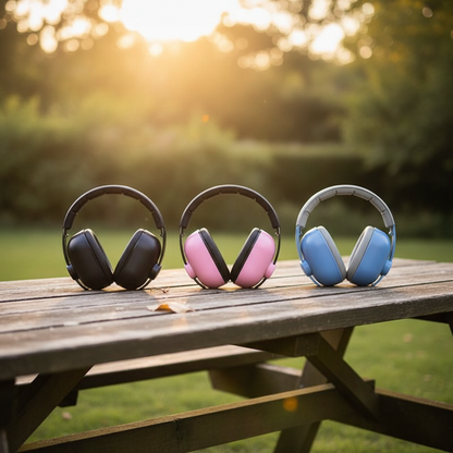 trois couleurs de casque anti bruit bebe déposé sur une table à pique-nique
