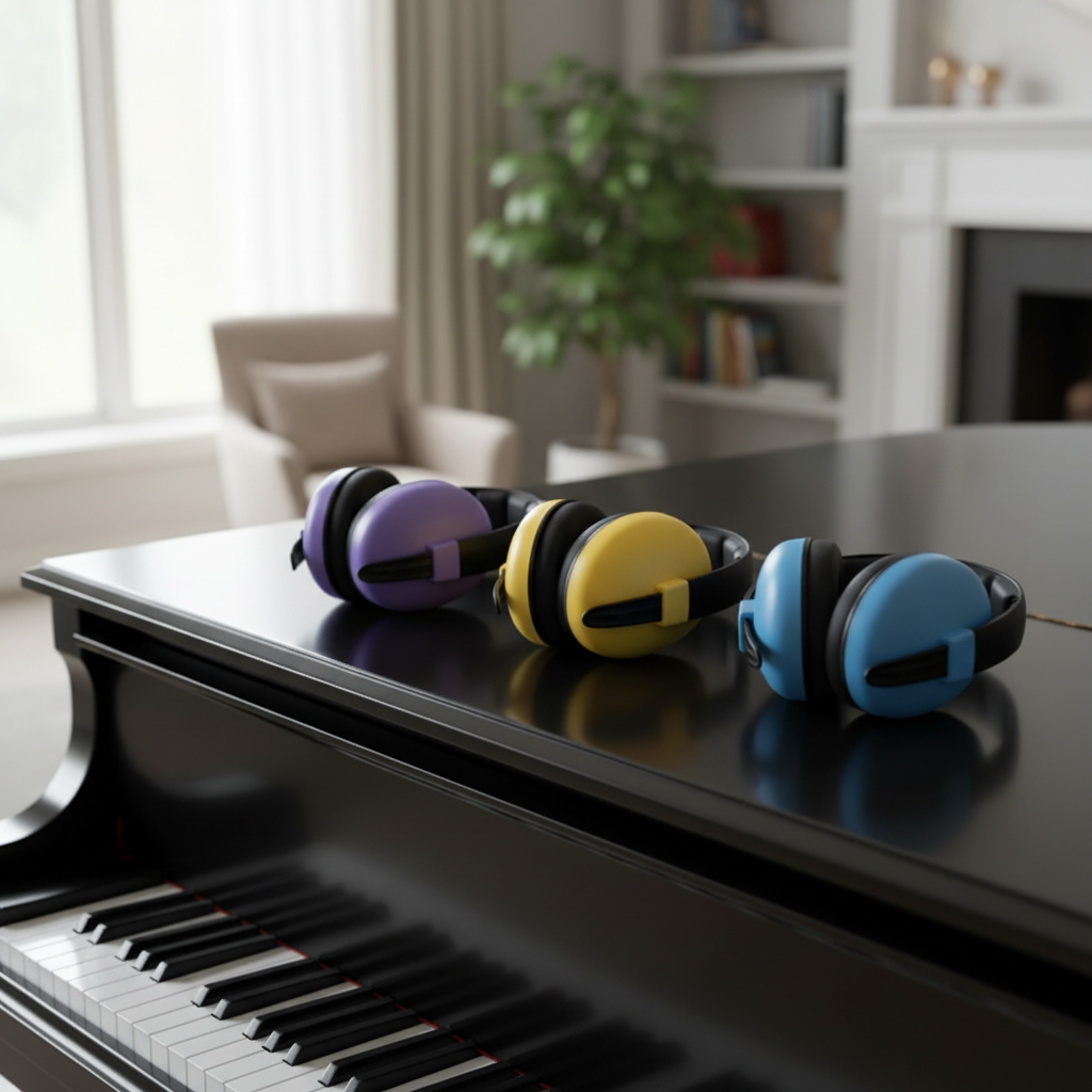trois couleurs de casque anti bruit bébé, violet, jaune et bleu déposé sur un piano