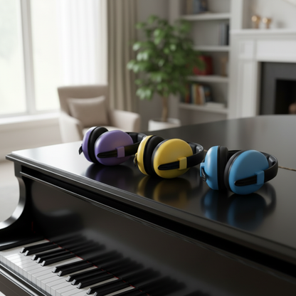 trois couleurs de casque anti bruit bébé, violet, jaune et bleu déposé sur un piano