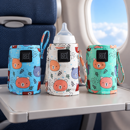 trois couleurs de chauffe biberon déposés sur une tablette dans un avion