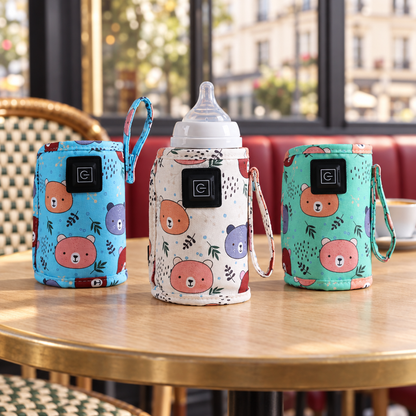trois couleurs de chauffe biberon ourson, bleu,rose et vert