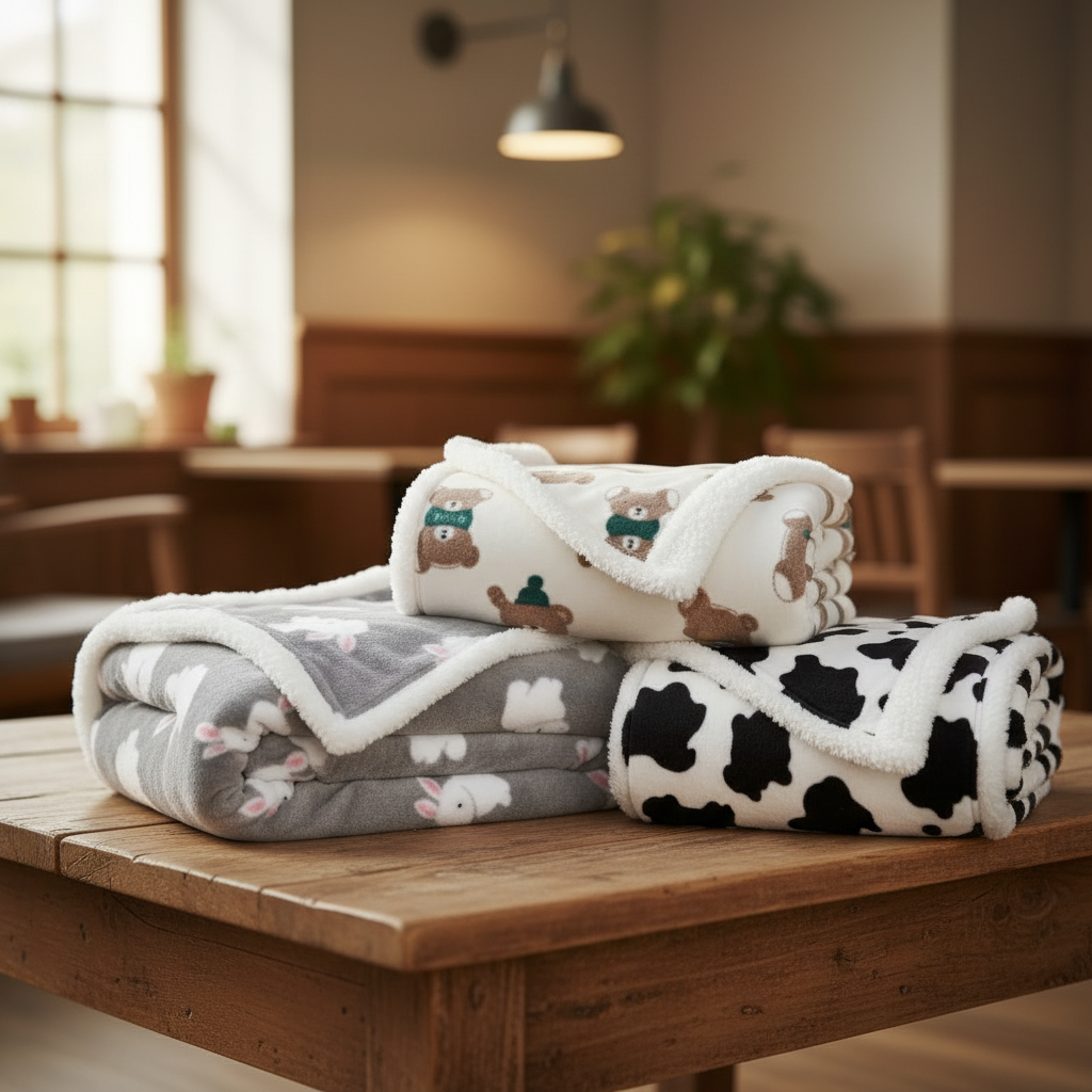 trois motifs de couerture en polaire bebe motifs lapin,ourson,vache